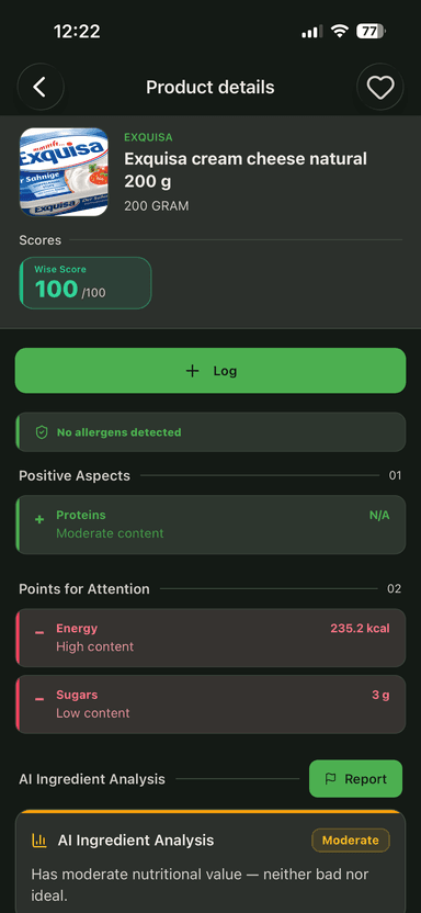 Екран за анализ на продукт с WiseScore в WiseBite